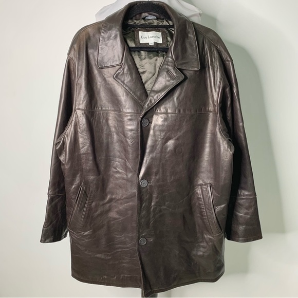 Vintage Guy Laroche Men's Brown Leather Button Front Blazer Jacket Size 42 US - Picture 1 of 16
